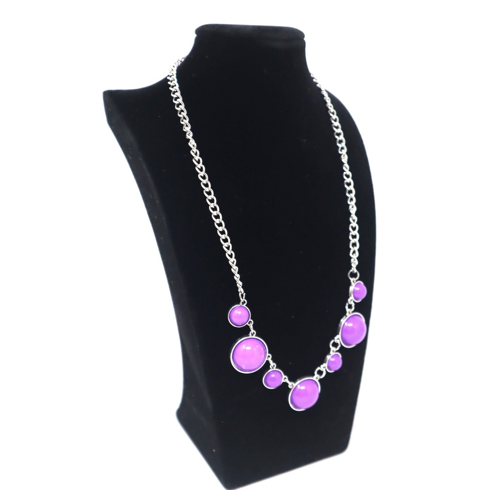 Purple Bib Necklace Silver Tone Graduated Cabochon Statement Neon Office